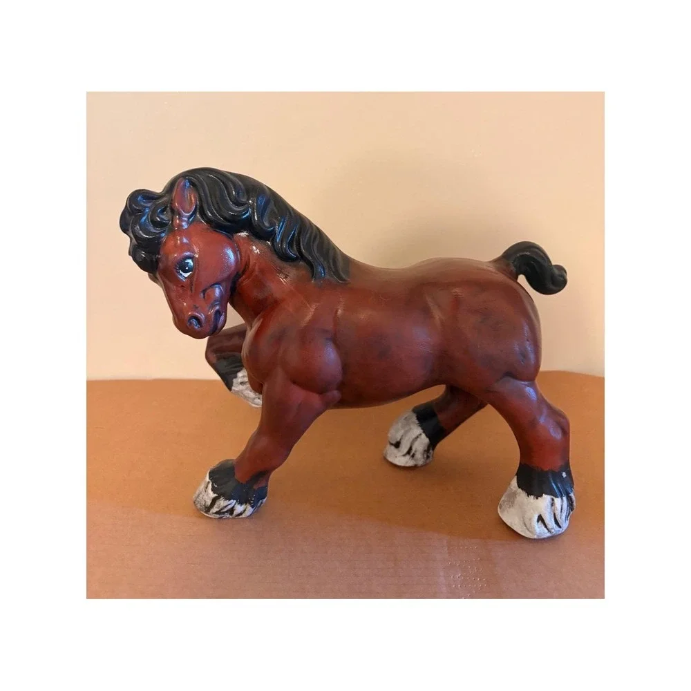 Vintage‎ Hand Painted Ceramic Horse Figurine Chestnut Brown Prancing Clydesdale